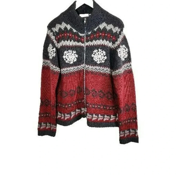 VINTAGE Basic Editions Holiday Cardigan Women XL Wool BLEND Gray Red White SKI - Picture 1 of 9